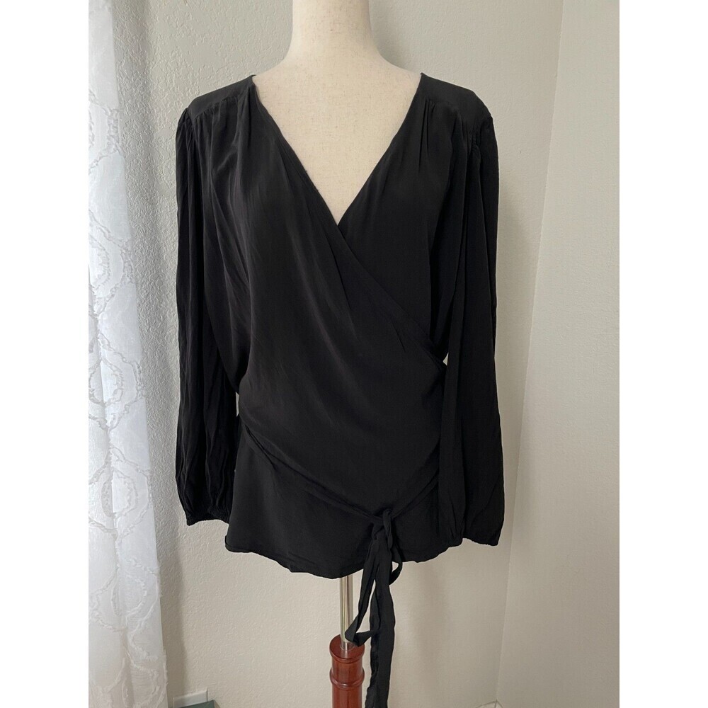 ModCloth Women’s Black Wrap Blouse Size 3X Long Sleeve Tie Waist Viscose Top
